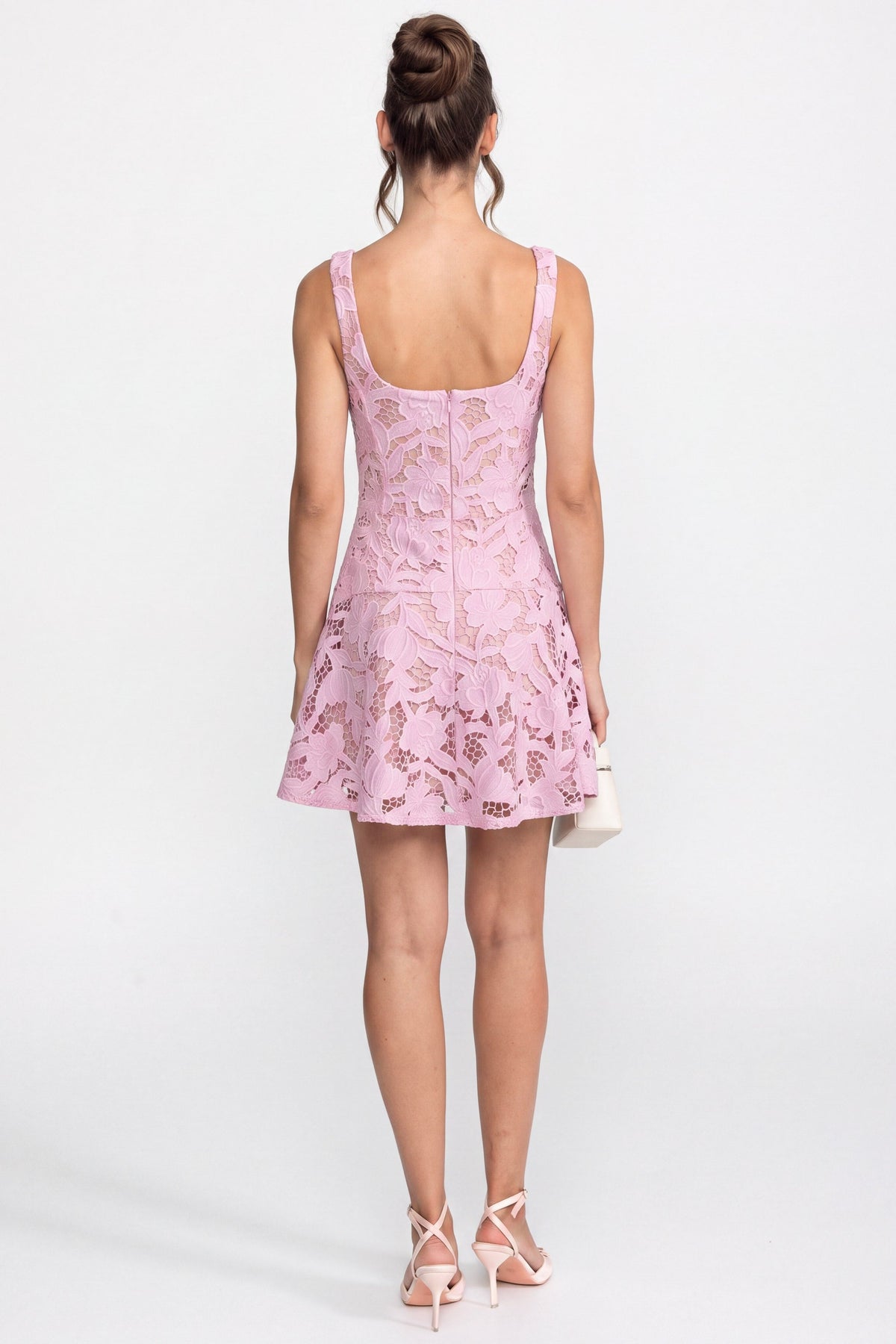 Sleeveless Floral Lace Square Neck Mini Dress with Crystal Waist – Pink – view 6