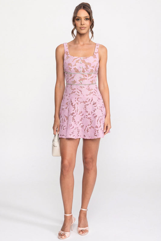 Sleeveless Floral Lace Square Neck Mini Dress with Crystal Waist – Pink – view 2