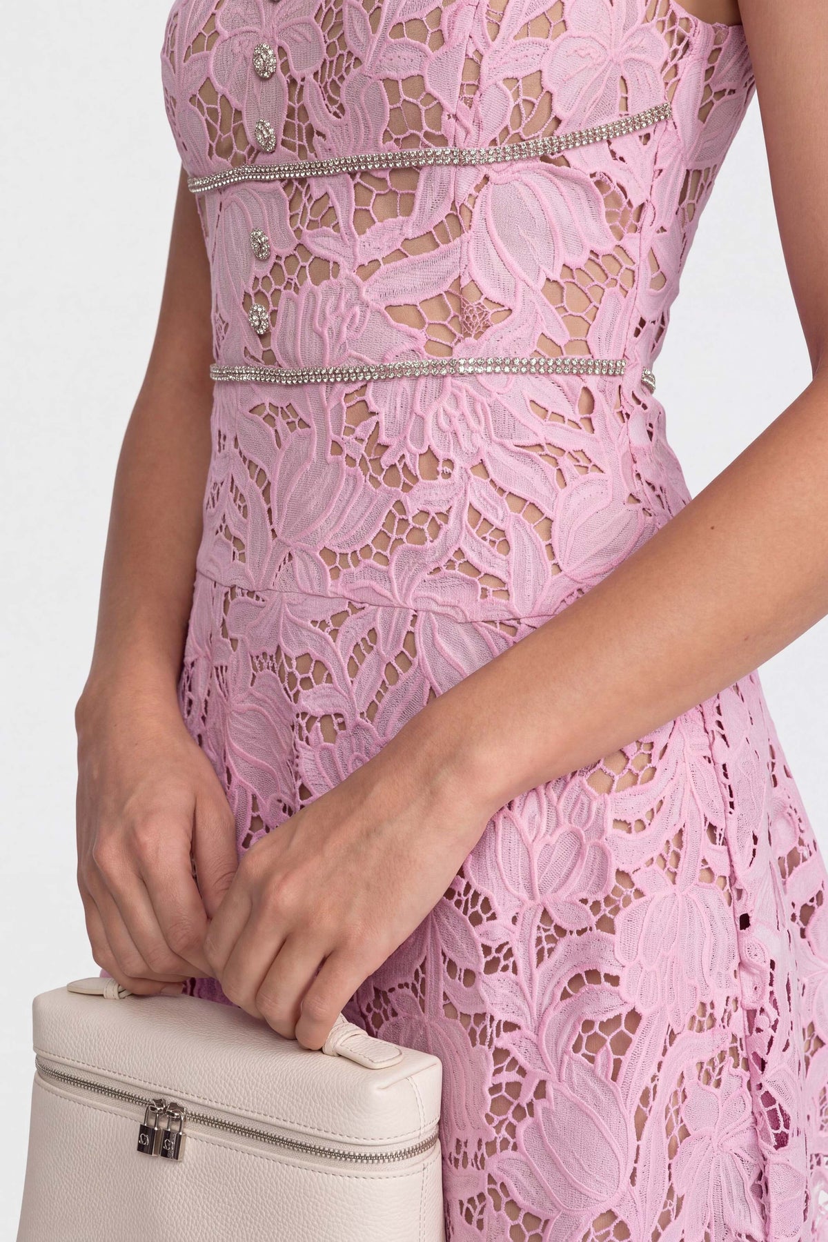 Sleeveless Floral Lace Square Neck Mini Dress with Crystal Waist – Pink – view 5