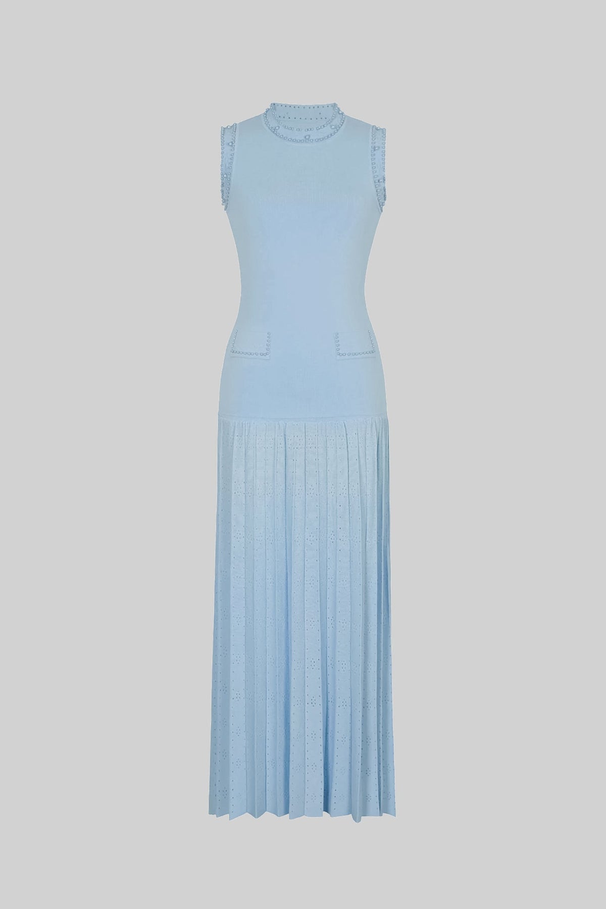 Knitted Sleeveless Pleated Midi Dress with Pearl Trim – Blue – view 5