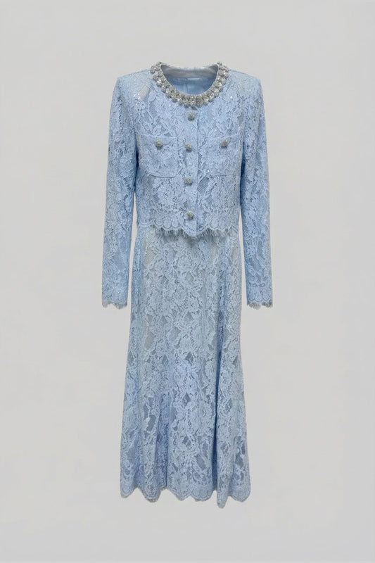Long Sleeve Lace Top and Midi Skirt Co-ord with Sparkling Neckline – Blue – view 2