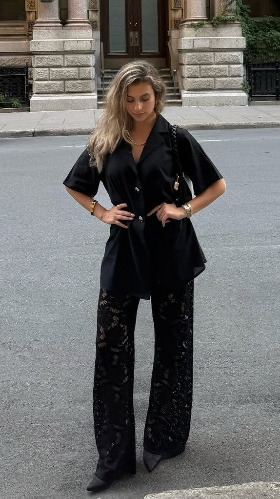 Azura V Neck Shirt and Sheer Lace Trousers Set – Black – view 8