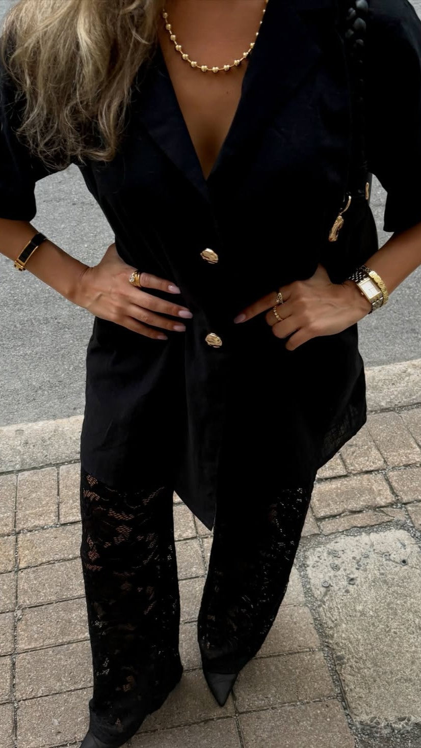 Azura V Neck Shirt and Sheer Lace Trousers Set – Black