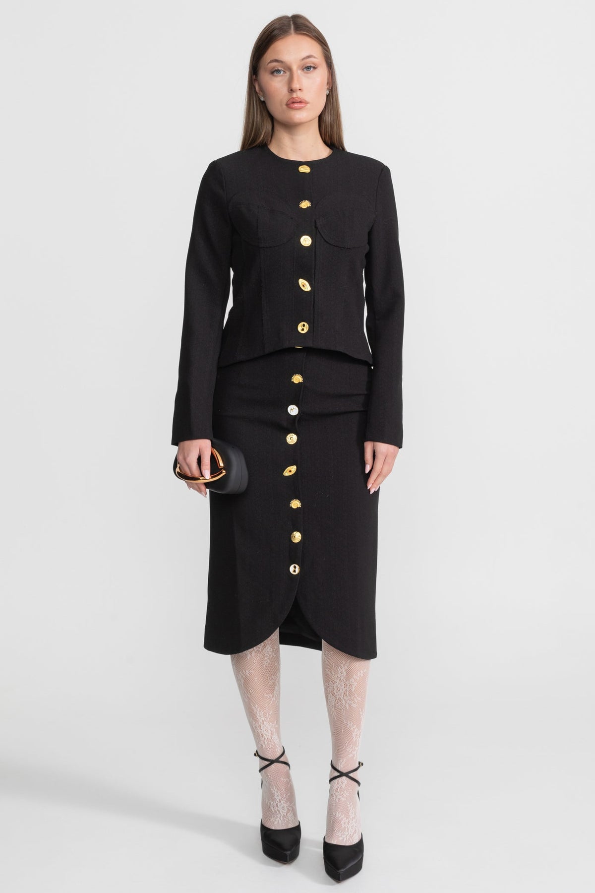 Structured Jacket and Midi Skirt Co-ord Set with Gold Buttons – Black