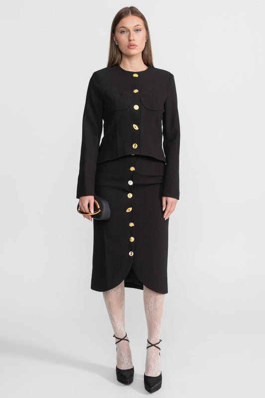 Structured Jacket and Midi Skirt Co-ord Set with Gold Buttons – Black