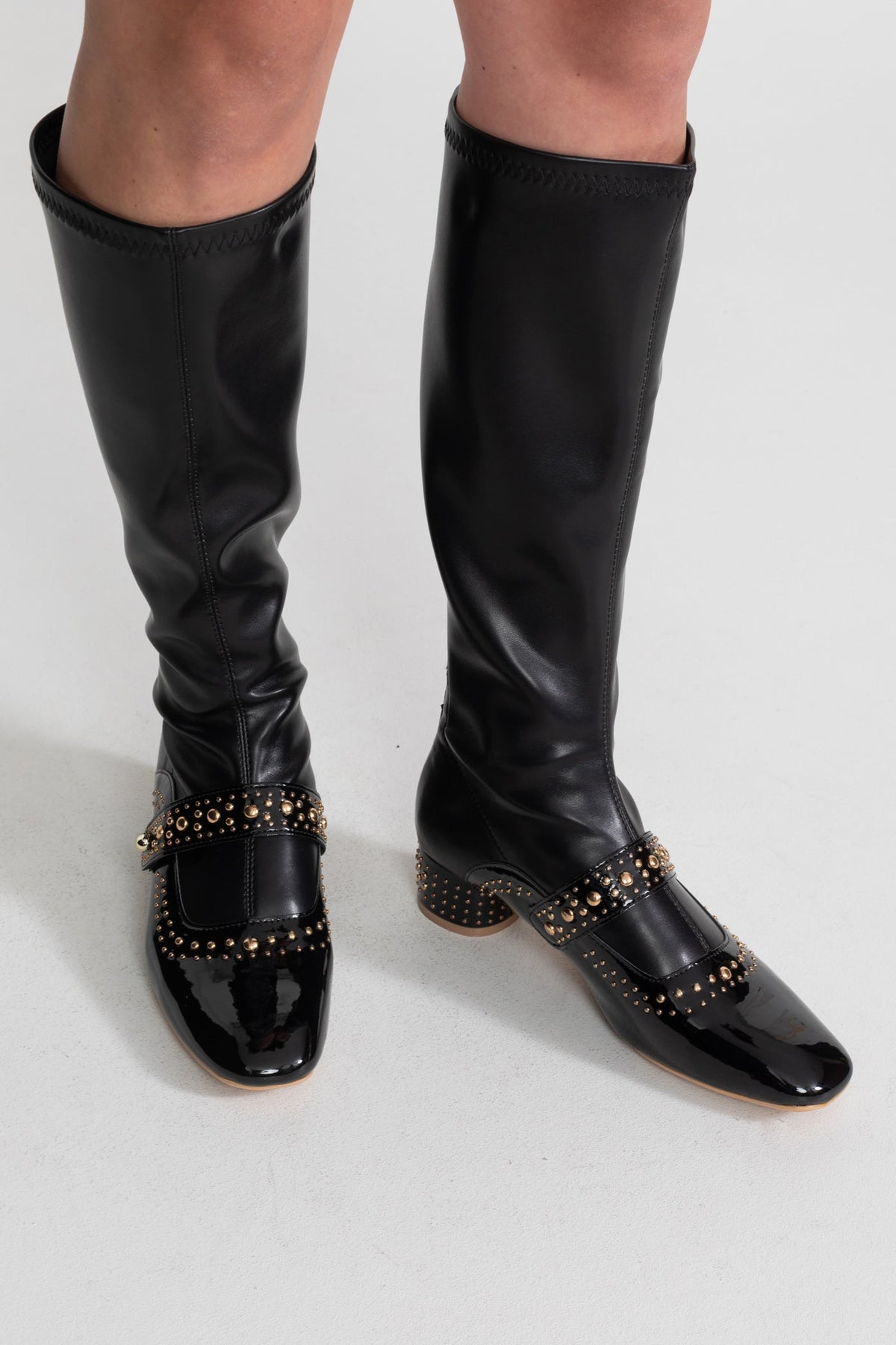 Studded Patent Knee-High Boots with Adjustable Strap – Black – view 3
