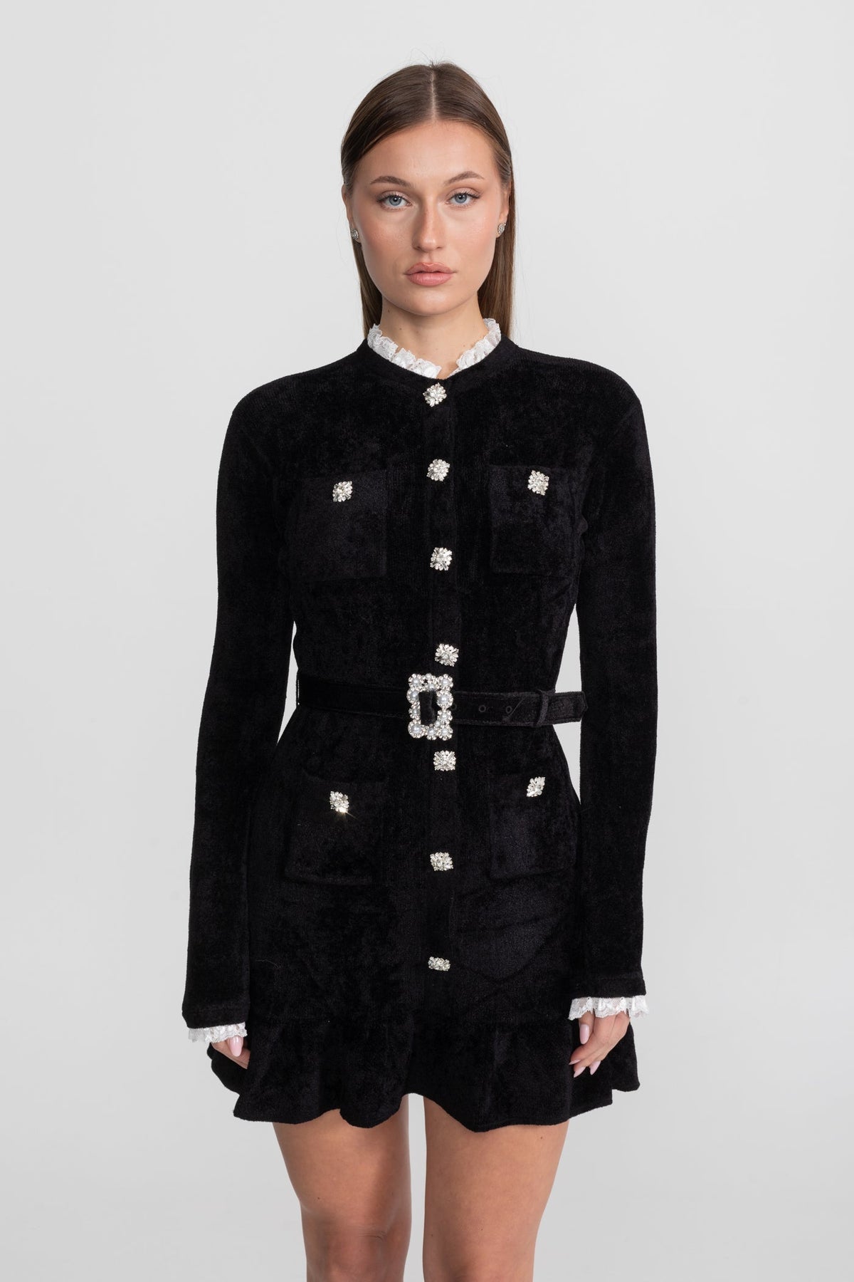 Knit Crystal-Button Mini Dress with Lace Collar and Matching Belt – Black