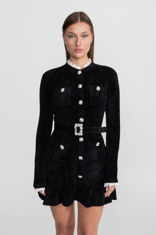 Knit Crystal-Button Mini Dress with Lace Collar and Matching Belt – Black
