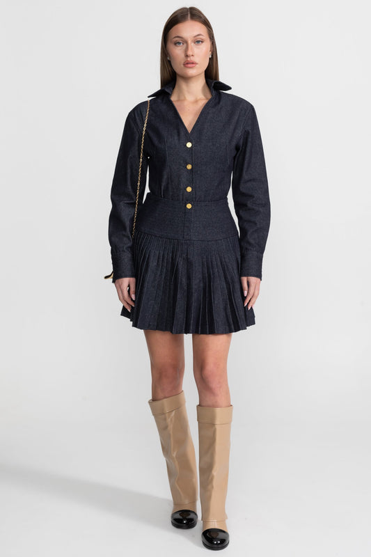 Structured Denim Shirt and Pleated Mini Skirt Set with Gold Buttons – Dark Blue – view 2