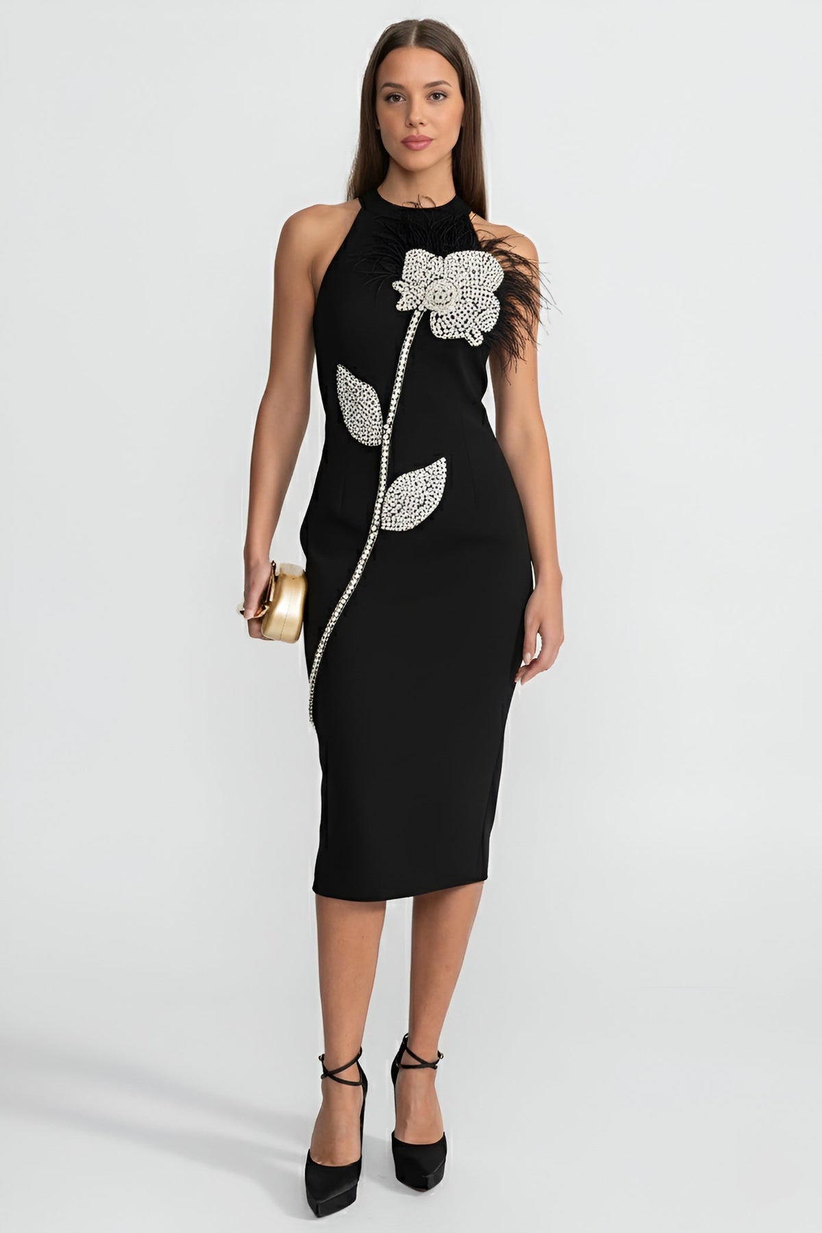 Crystal Floral High Neck Stretch Crepe Midi Dress with Feathers – Black