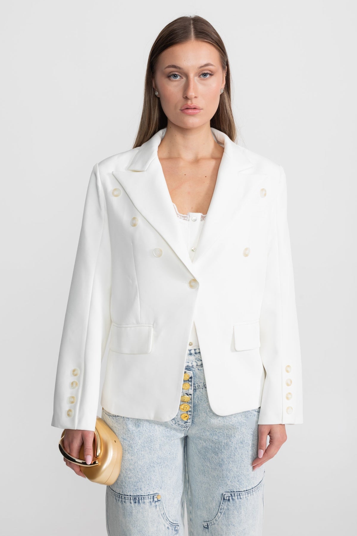Double-Breasted Tailored Blazer with Peak Lapels and Belt – White