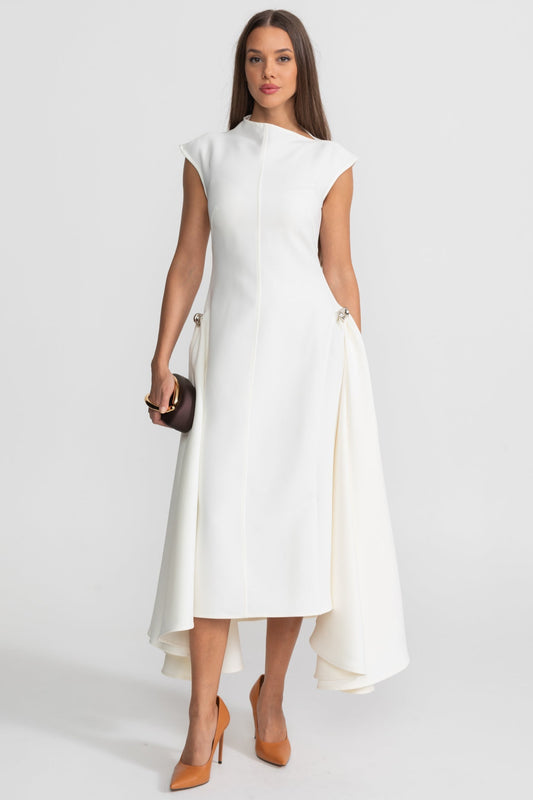 Structured Crepe Midi Dress with Ring Details and High-Low Hem – White – view 2
