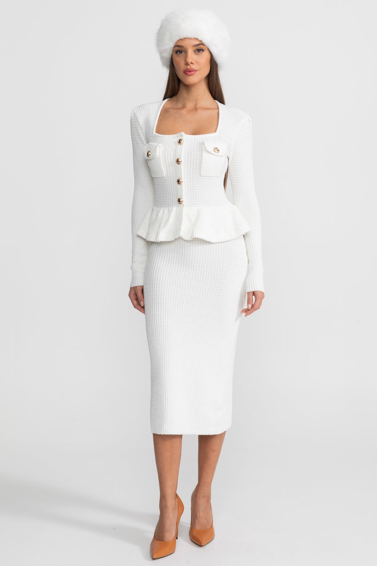 Square Neck Long Sleeve Knit Peplum Midi Dress – White – view 1