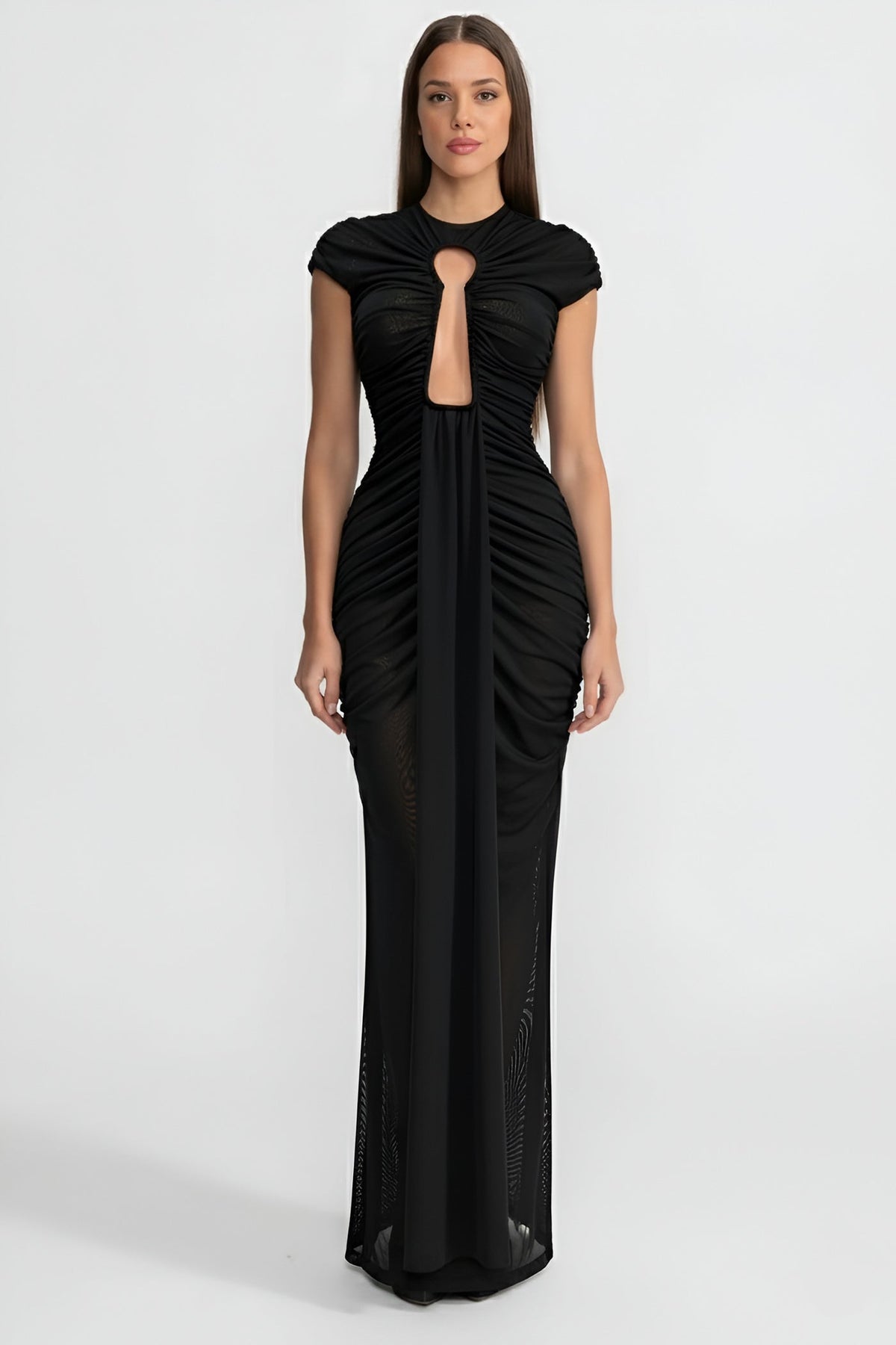 Ruched Draped Cut-Out Gown with Stretch Mesh Overlay – Black