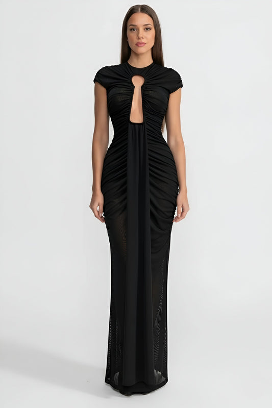 Ruched Draped Cut-Out Gown with Stretch Mesh Overlay – Black