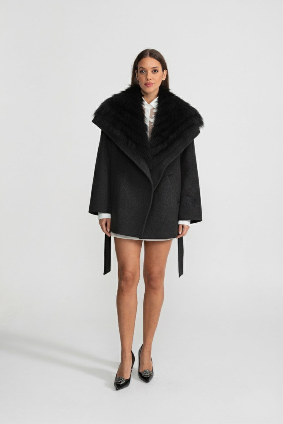 Wool Blend Coat with Oversized Shawl Collar and Belt – Black – view 2