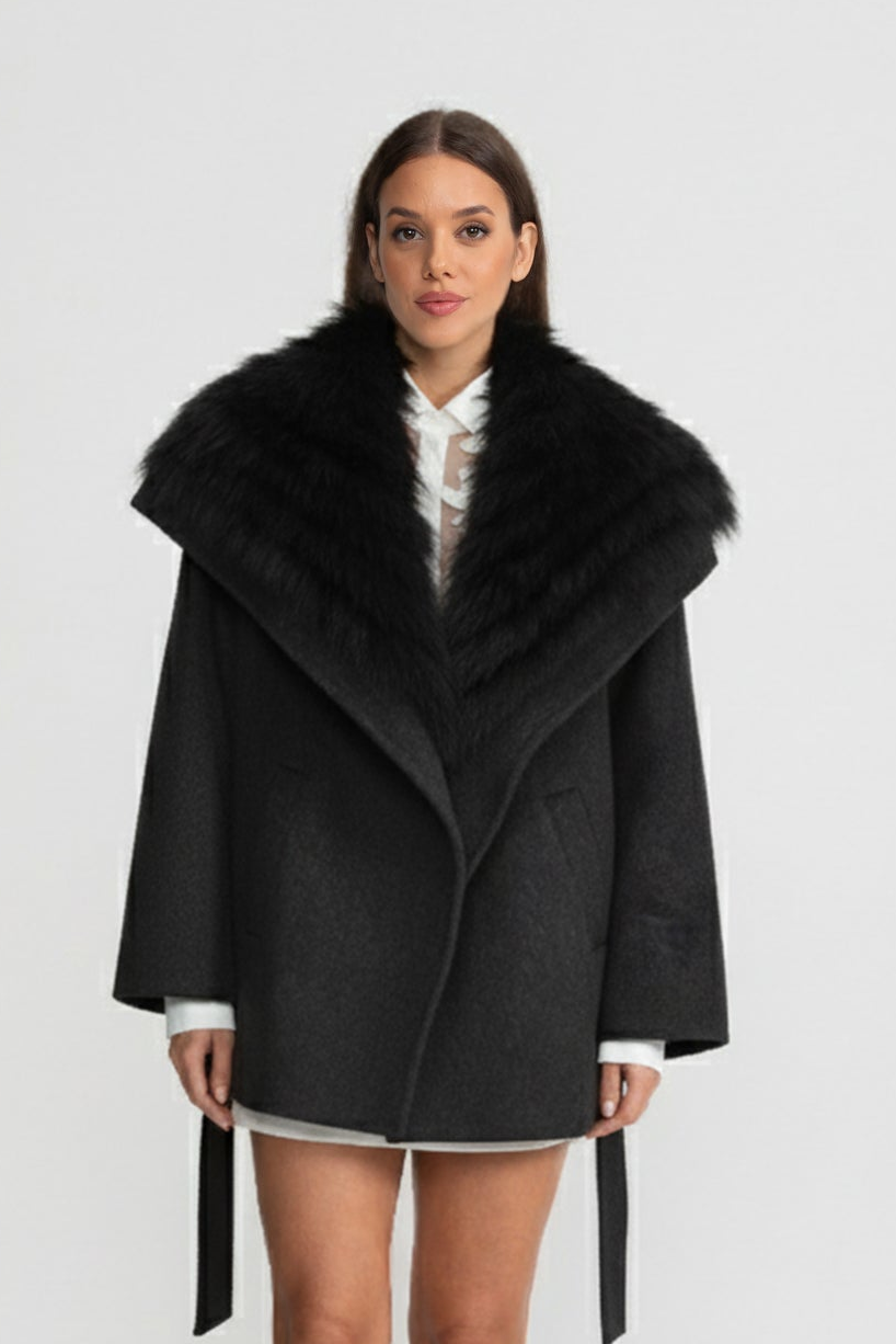 Wool Blend Coat with Oversized Shawl Collar and Belt – Black – view 1