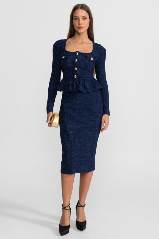 Textured Knit Peplum Midi Dress with Gold Buttons – Dark Blue