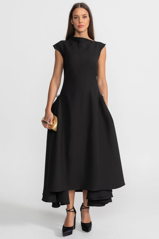 Boat Neck Crepe Midi Dress with High-Low Hem and Metal Rings – Black