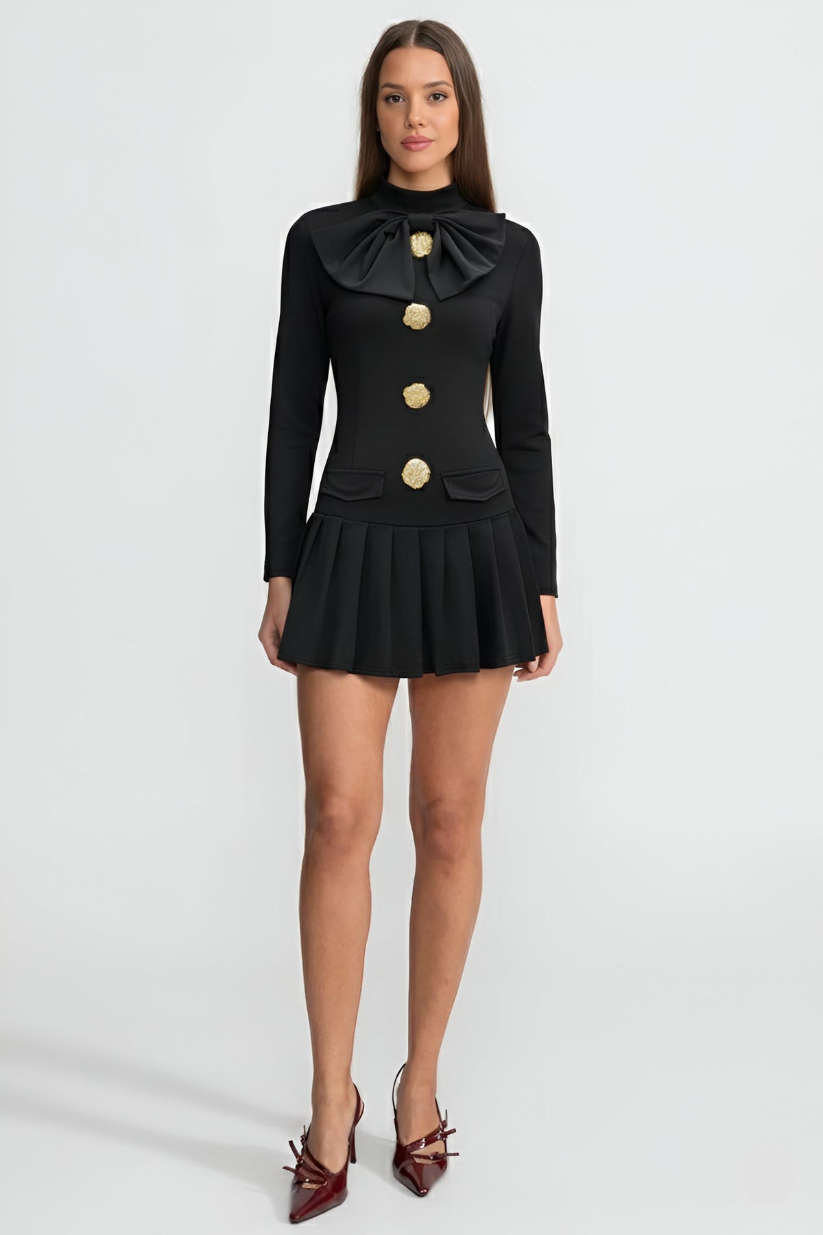 Bow Neck Pleated Crepe Mini Dress with Gold Buttons – Black