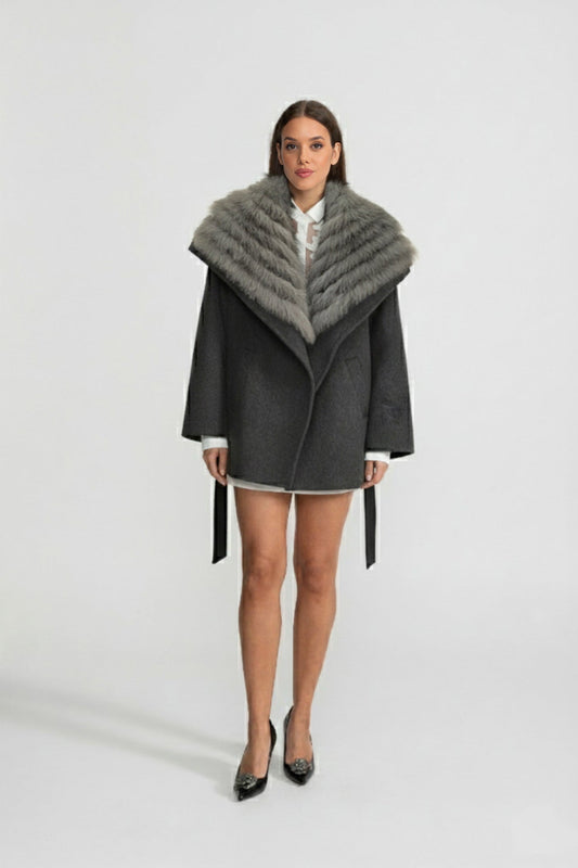 Wool Blend Coat with Oversized Shawl Collar and Belt – Grey – view 2