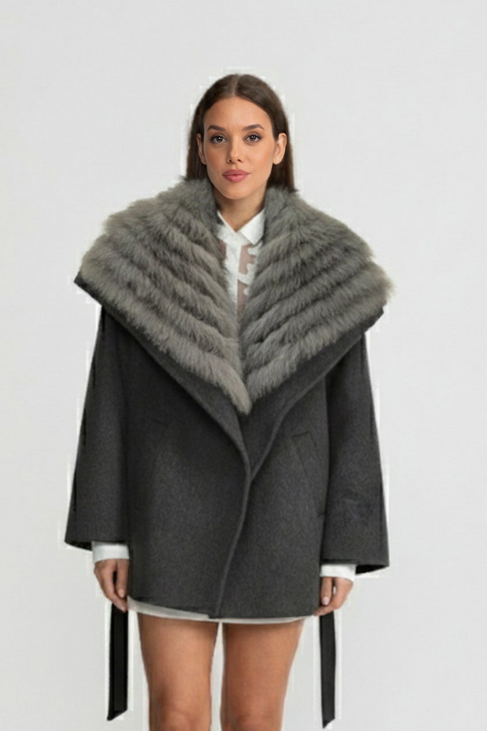 Wool Blend Coat with Oversized Shawl Collar and Belt – Grey