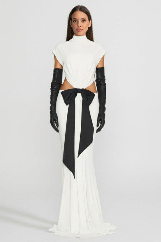 High Neck Open Back Draped Maxi Gown with Contrast Bow – White