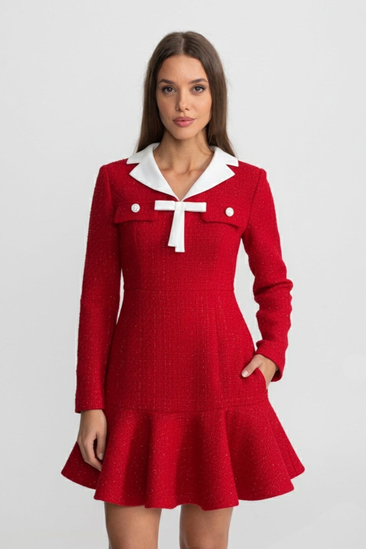 Tweed Fit-and-Flare Dress with Contrast Collar and Bow Detail – Red – view 1