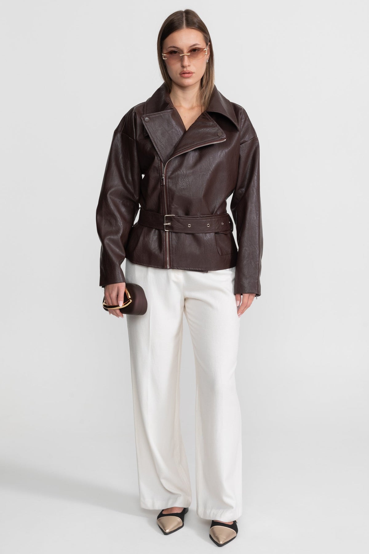 Belted Biker Jacket with Wide Notched Lapels – Chocolate Brown