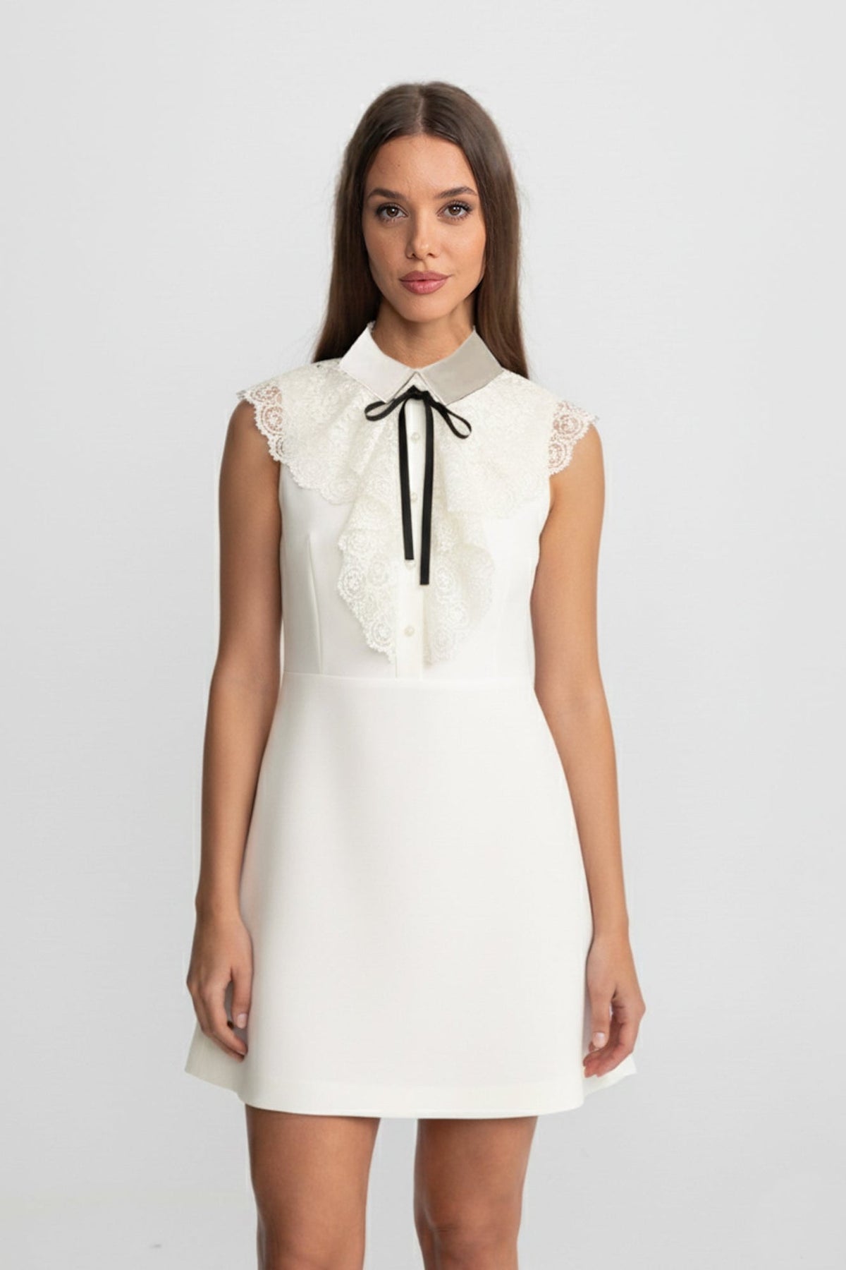 Sleeveless Collared A-Line Mini Dress with Lace Bib – Ivory