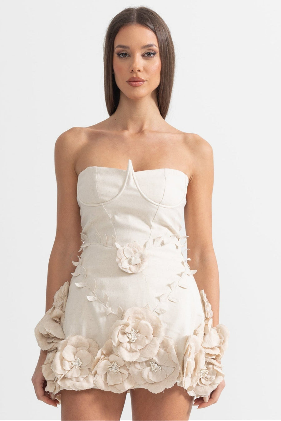 Strapless Bustier Mini Dress with 3D Floral Appliqués – Ivory