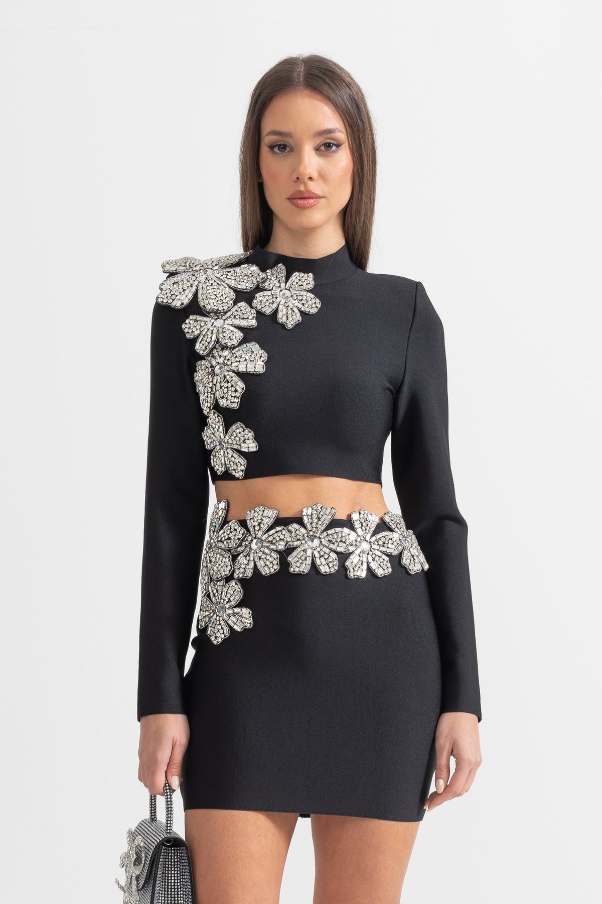 Diamond Flower Long Sleeve Top and Mini Skirt Two-Piece Set – Black