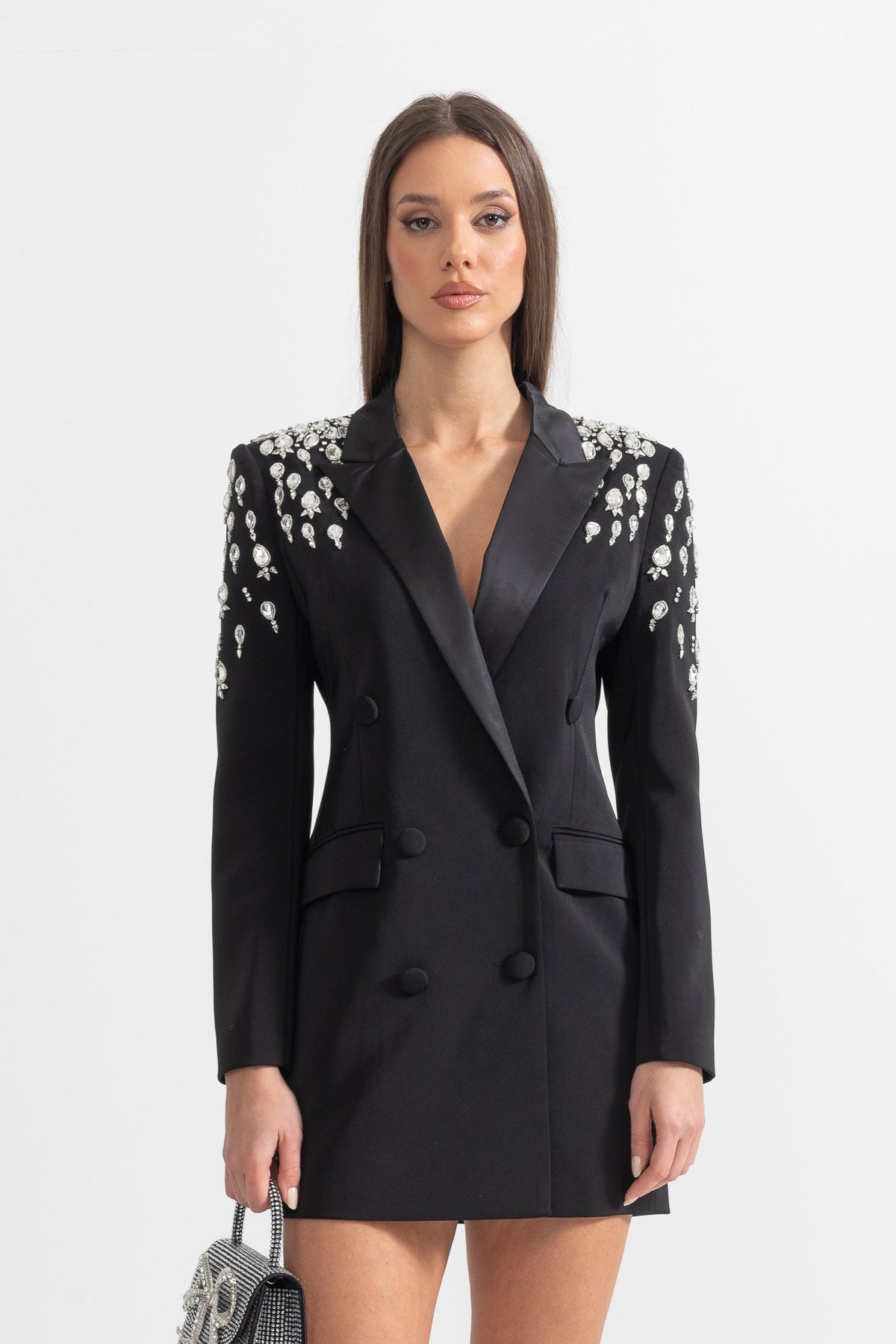 Double-Breasted Blazer with Embellished Shoulders and Satin Lapels – Black – view 1
