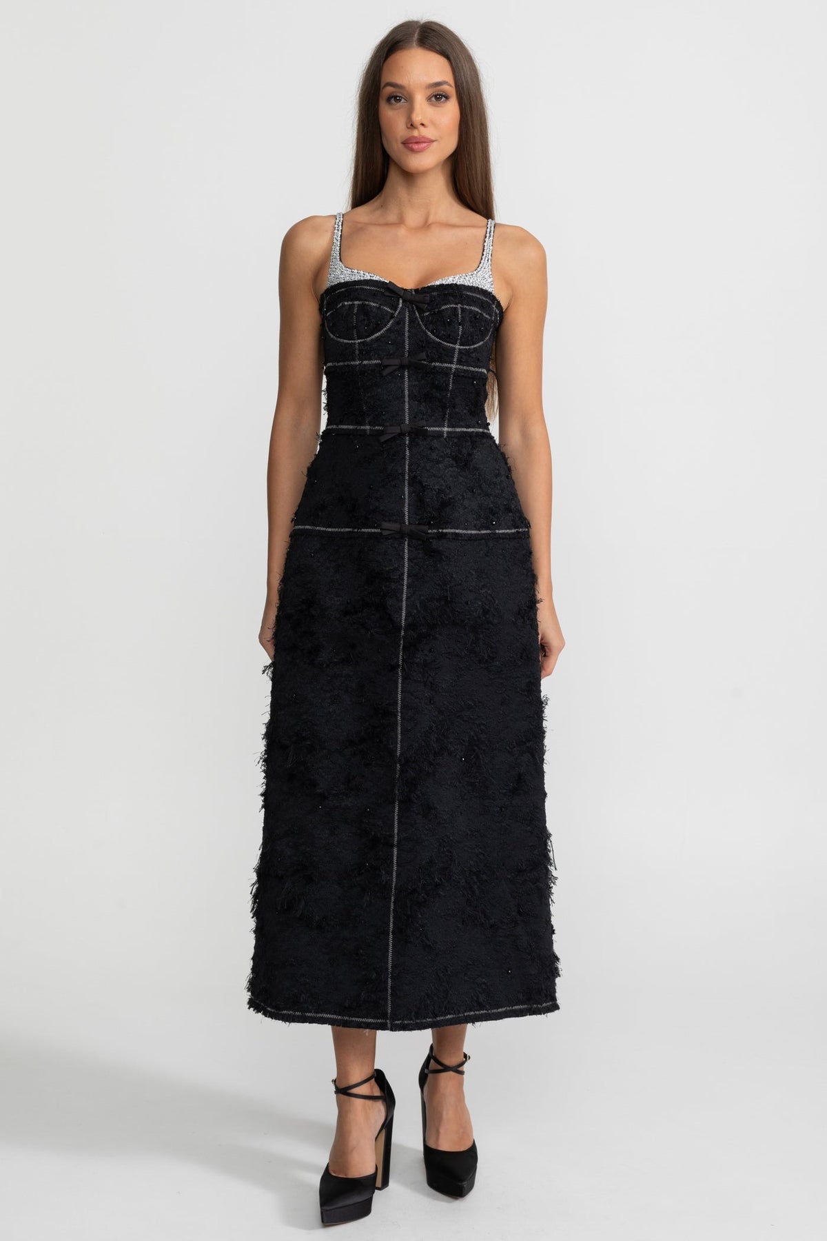 Tweed Bustier Midi Dress with Contrast Straps and Velvet Bows – Black