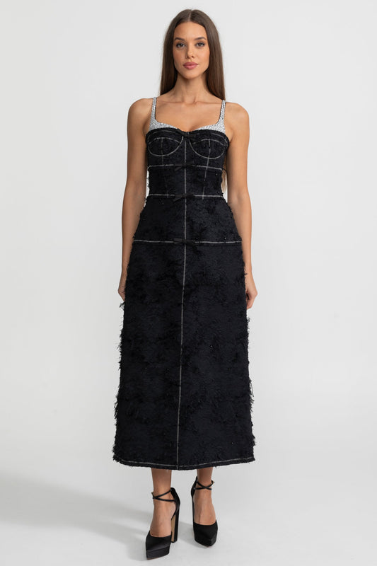 Tweed Bustier Midi Dress with Contrast Straps and Velvet Bows – Black