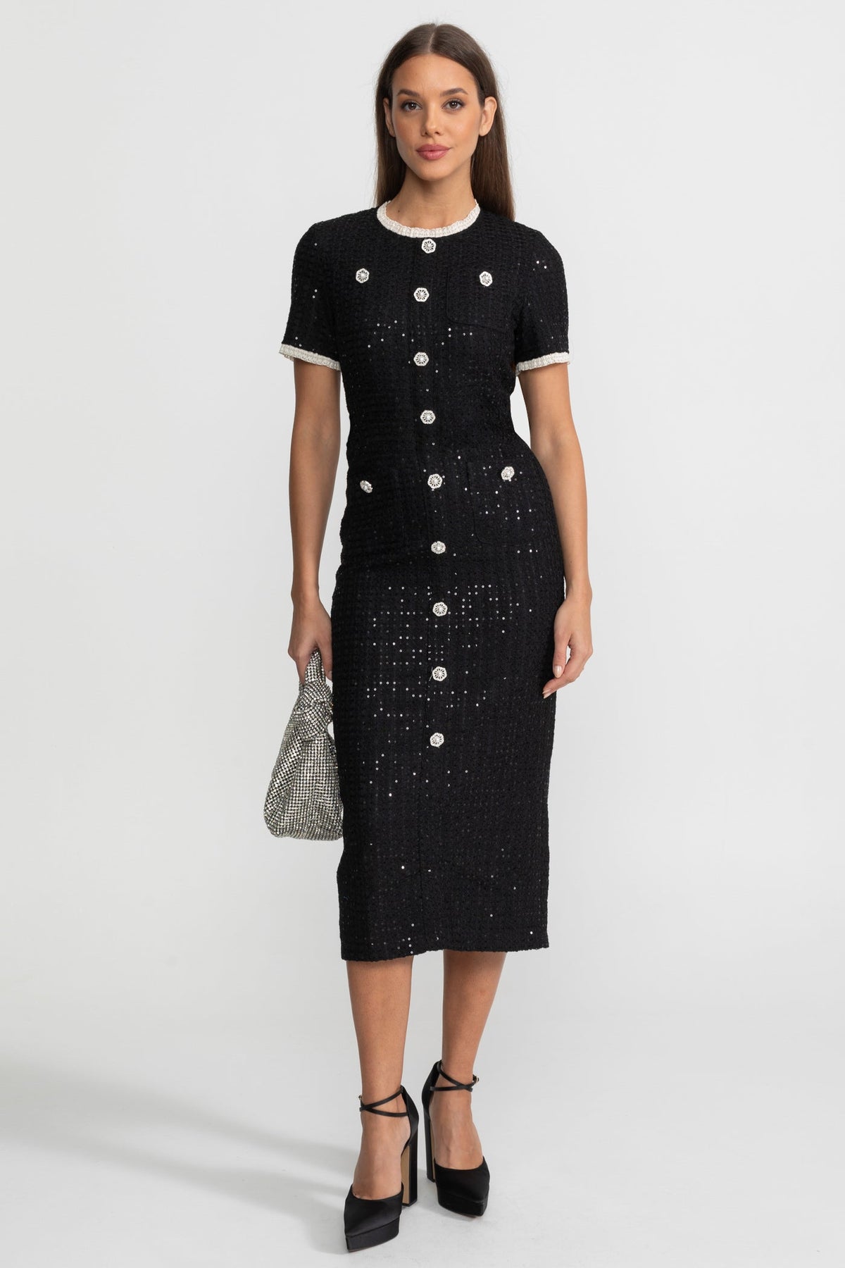 Sequin Short Sleeve Midi Dress with Crystal Buttons and Lace Trim – Black