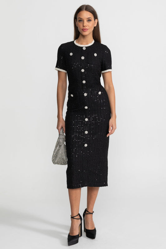 Sequin Short Sleeve Midi Dress with Crystal Buttons and Lace Trim – Black