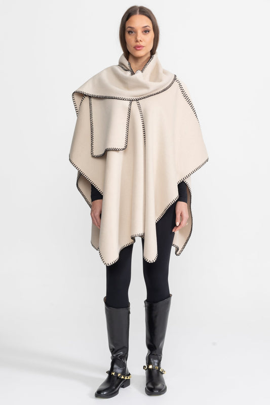 Wool Blend Poncho with Contrast Whipstitch Edging – Ivory – view 2