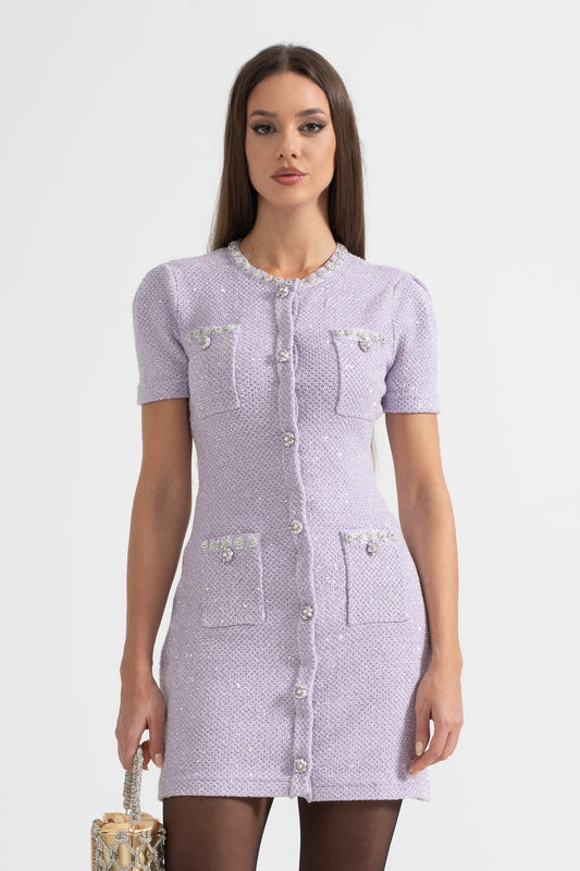 Short Sleeve Textured Mini Dress with Silver Buttons and Four Pockets – Purple