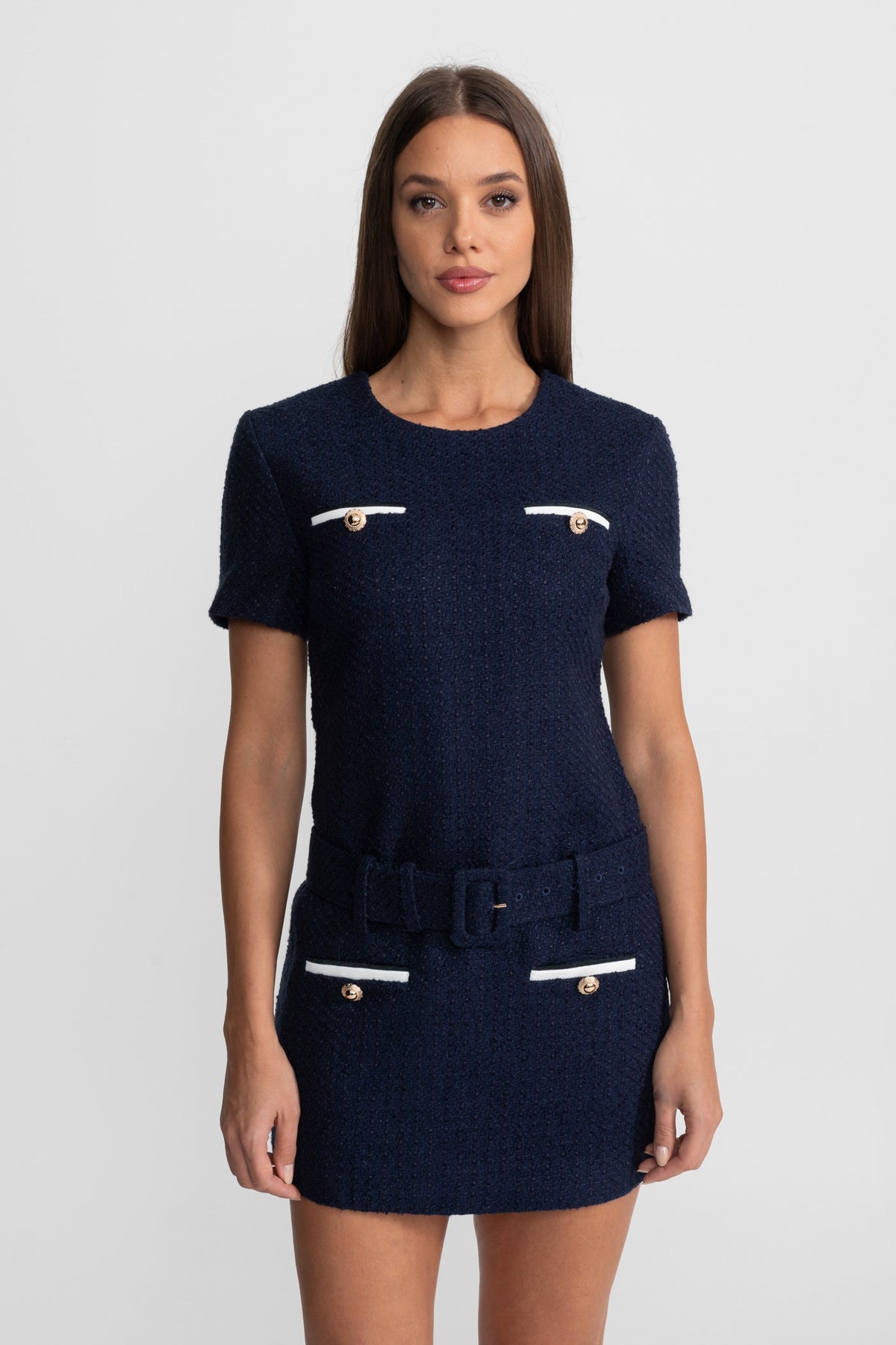 Short Sleeve Belted Tweed Mini Dress with Contrast Pockets – Navy – view 2