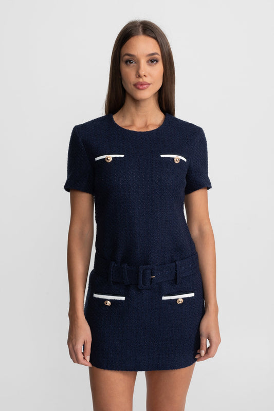 Short Sleeve Belted Tweed Mini Dress with Contrast Pockets – Navy
