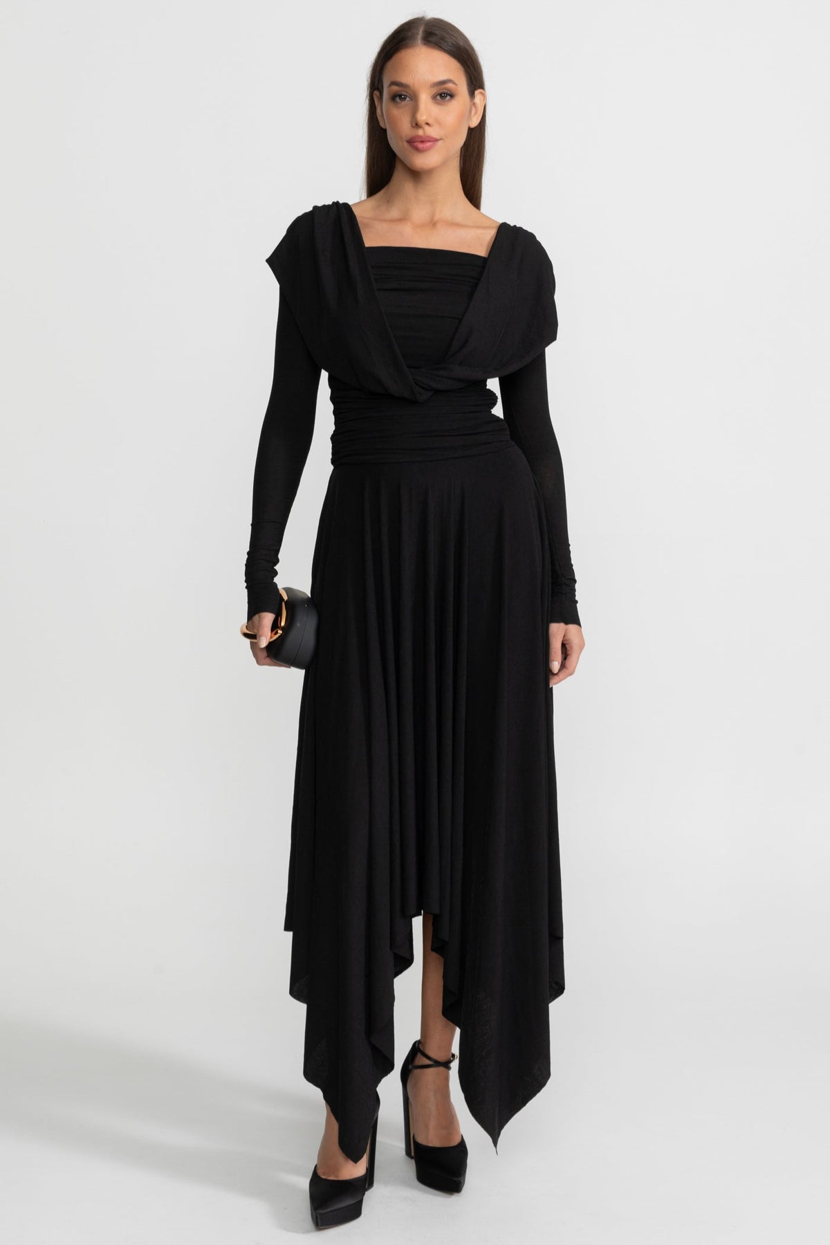 Draped Long Sleeve Jersey Midi Dress with Asymmetric Hem – Black – view 3