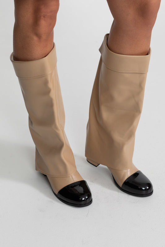 Folded Cuff Knee-High Boots with Patent Cap Toe – Beige/Black