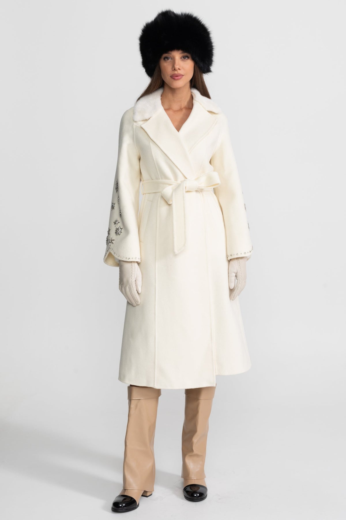 Crystal Embellished Wool Cashmere Wrap Coat – Ivory – view 6