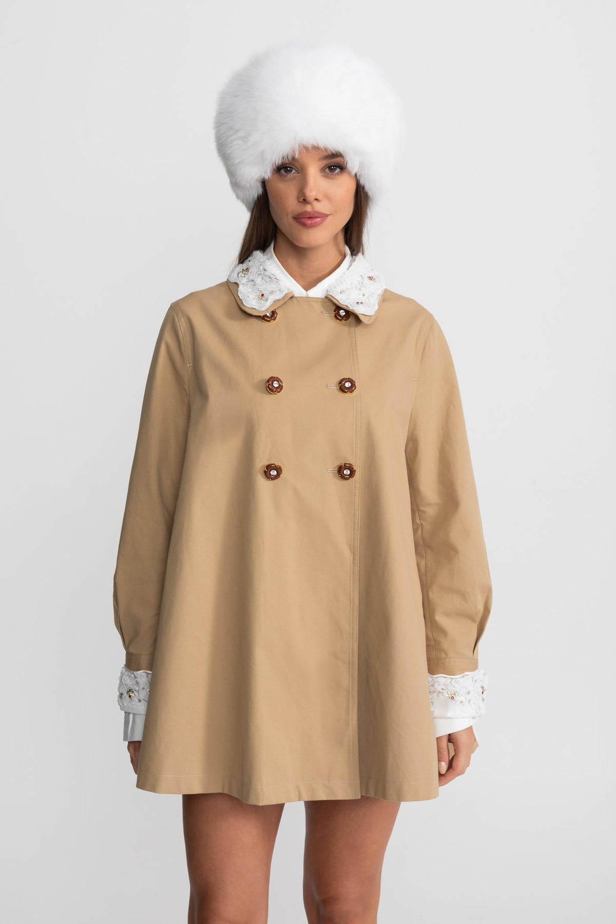 Double-Breasted A-Line Trench Mini Dress with Embroidered Collar – Camel – view 4