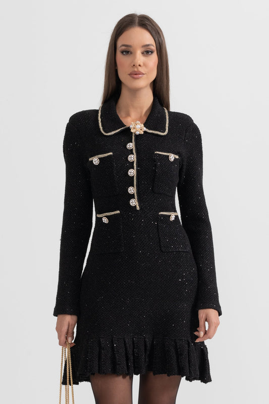 Long Sleeve Textured Knit Dress with Gold Flower Collar – Black