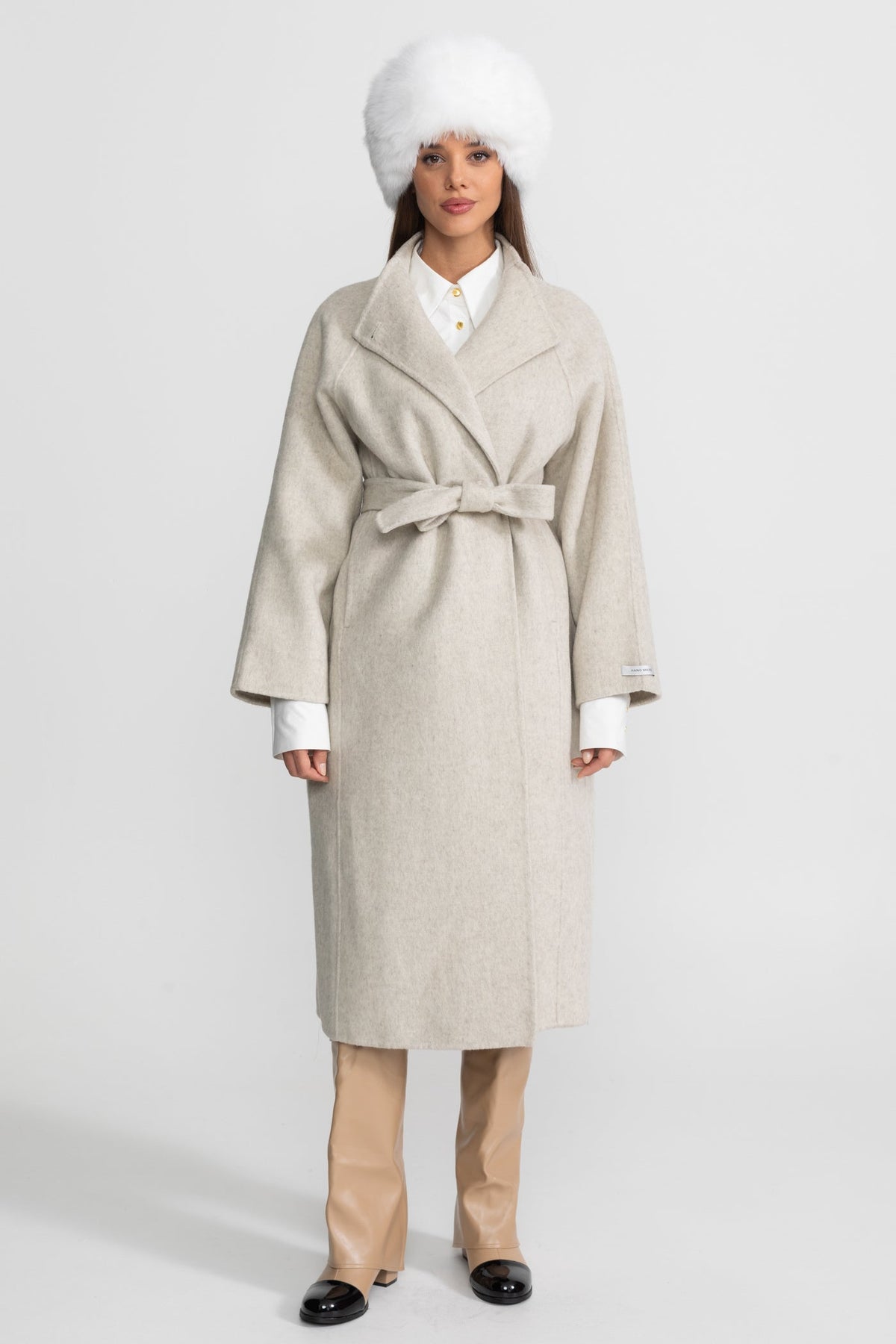 Belted Wool Blend Midi Coat with High Neckline – Beige – view 1