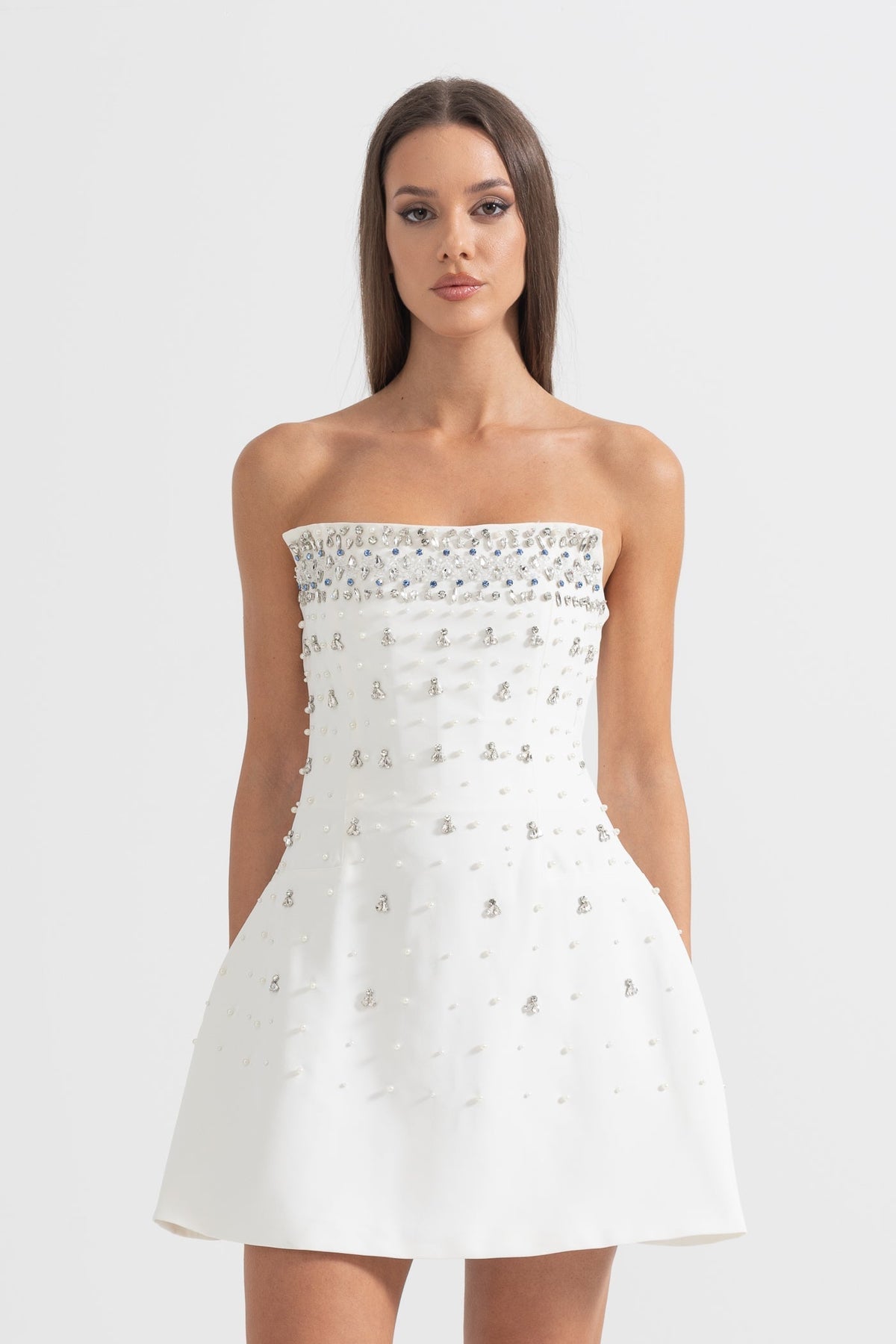 Strapless Mini Dress with Cascading Crystal Embellishments – White
