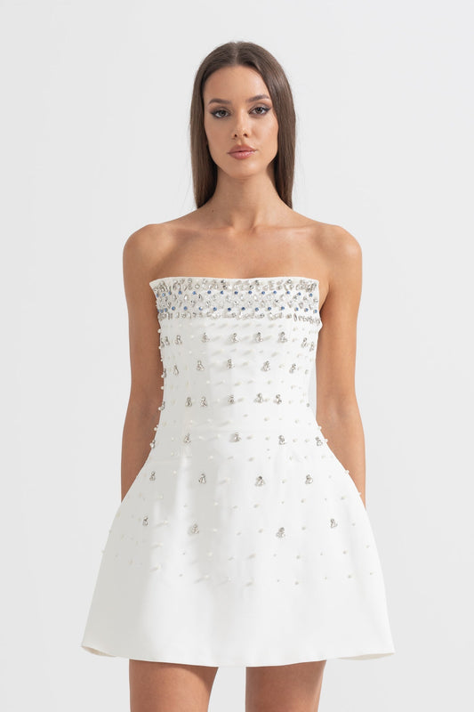 Strapless Mini Dress with Cascading Crystal Embellishments – White