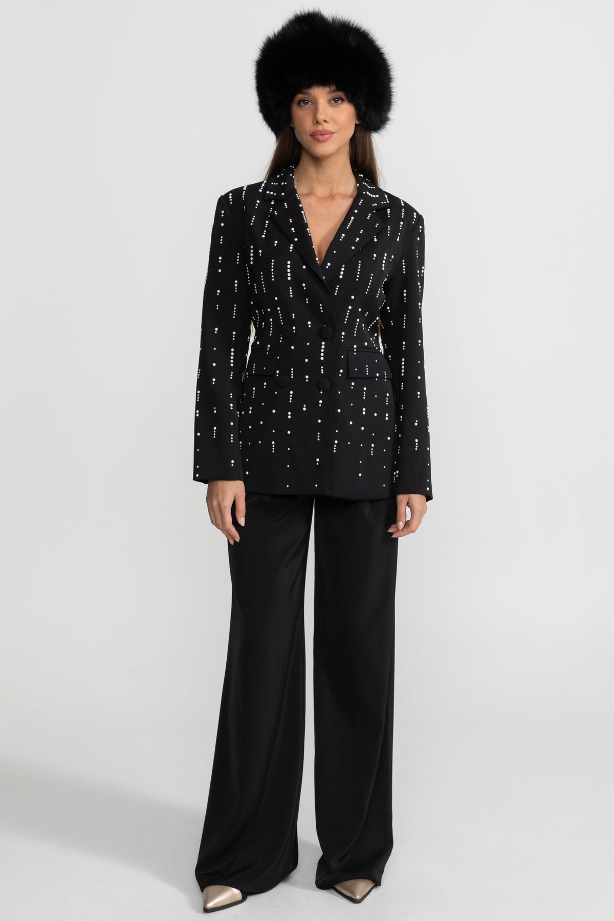 Double-Breasted Tailored Blazer with White Bead Embellishments – Black